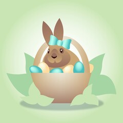 Cute easter bunny in a busket with colorfull blue and orange easter painted eggs on natural background with green leafs