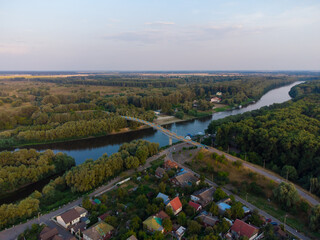 Chernigov, Ukraine. Pedestrian bridge in Chernigov. Aerial drone view. - 490911171