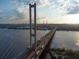 Kyiv, Ukraine. Aerial view of the South bridge over the Dnipro River. - 490911333