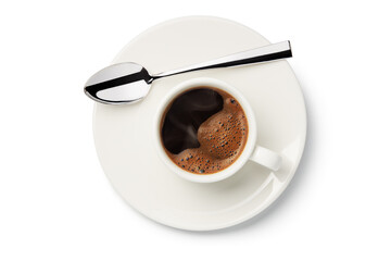 Cup of black coffee with saucer on white background. Top view.