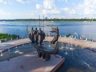 Kyiv, Ukraine. Monument to the founders of Kiev. Statue of Kyi, Shchek, Horyv and Lybid. - 490911512
