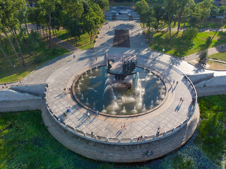 Kyiv, Ukraine. Monument to the founders of Kiev. Statue of Kyi, Shchek, Horyv and Lybid. - 490911545