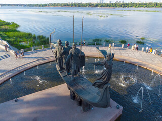 Kyiv, Ukraine. Monument to the founders of Kiev. Statue of Kyi, Shchek, Horyv and Lybid. - 490911573