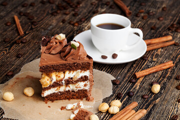 a piece of chocolate cake with cottage cheese filling