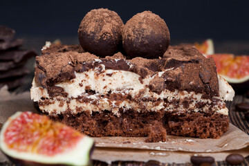chocolate cake with buttercream , close up