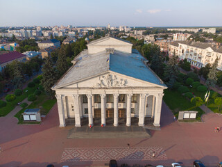 Chernigov, Ukraine. Chernihiv Regional Music and Drama Theater named after T. Shevchenko. Aerial drone view. - 490912332