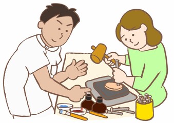 精神科作業療法　皮細工のプラグラムに参加するうつ病の女性と作業療法士のイラスト