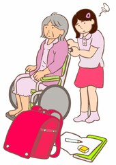 ヤングケアラー　重度認知症の祖母の車いすを押し宿題ができずに困っている小学生の女の子のイラスト