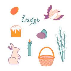Easter vector composition with the image of eggs, birds, baskets, hare Easter cake and willow