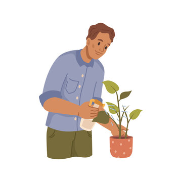 Male personage caring for plants, isolated man with potted houseplant. Vector flat cartoon character gardening, hobby of guy. Botany and agriculture, sapling or seedling growing in pot illustration