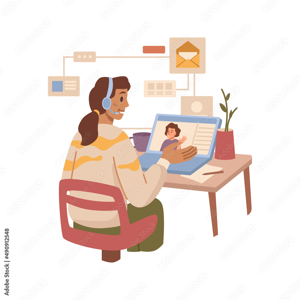 Poster Work call woman using online video chat for talking to client. Vector customer support and helpdesk, analysis of tasks and assistance. Colleague and client communicating flat cartoon characters