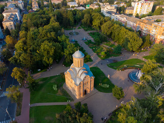 Chernigov, Ukraine. Pyatnitskaya church in square named after Bohdan Khmelnitsky. Aerial drone view. - 490912503