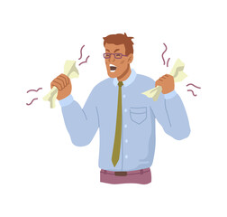 Furious and stressed worker with anger and frustration. Vector male personage screaming and yelling, busy employee or nervous boss or manager. Businessman yelling, flat cartoon characters at job