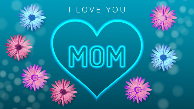 Happy Mother's Day. Flower with calligraphy poster design. Love you mom. Mom greeting card design with light blue gradient background. 