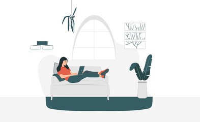 Stay at home banner. The girl works at the computer, sitting on a bag with beans epidemic, quarantine, freelancer, work at home, distance learning, online, blogger.