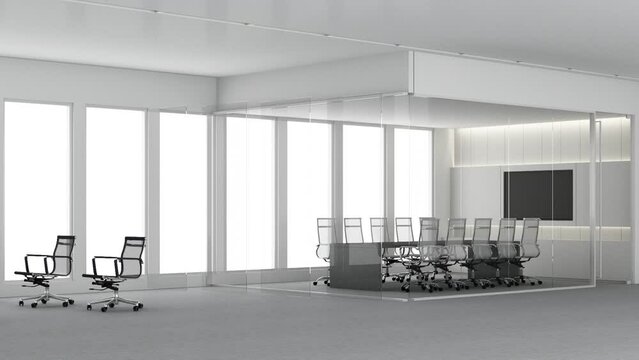 build up contemporary spacious office room interior with city view and daylight. Workplace design concept with carpet floor and office furniture meeting room working table. 3D rendering animation