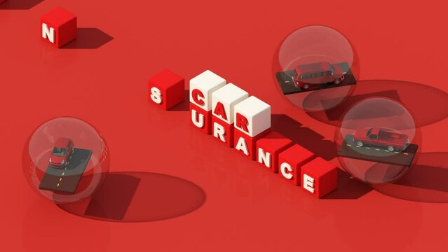 Car protection and safety assurance concept, modern red automobile sedan truck van in sphere glass bubble guard, and insurance text font isolated on red background, 3d rendering animation looped