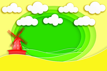 Fototapeta premium Rural landscape with windmill and meadows. Paper cut shapes and layers as countryside design