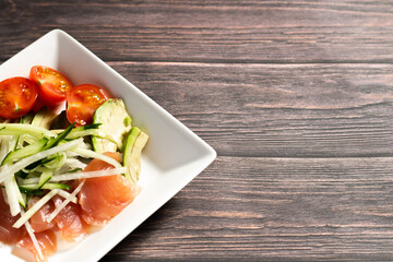 carpaccio salad tuna avocado cucumber radish マグロとアボカドのカルパッチョ 文字入れスペースあり