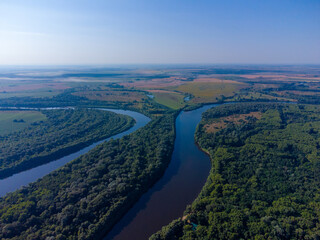 Fototapeta na wymiar View of the Desna river and Chernigov city. Aerial drone view. Ukraine. 