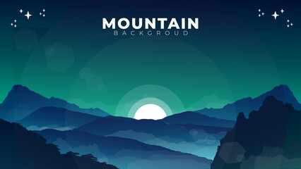 illustration of a landscape with mountains, night landscape, Futuristic night landscape with mountain,  fog, moonlight, shine