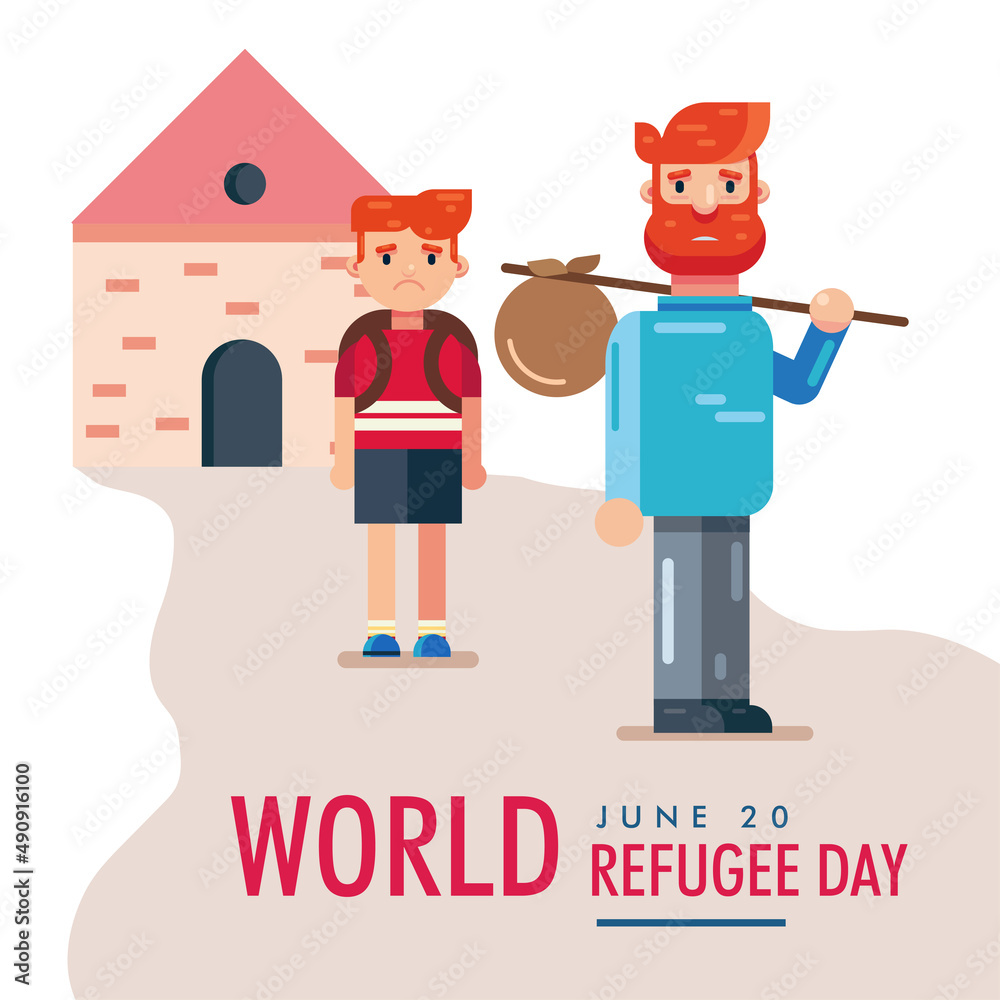 Wall mural World Refugee Day 20 June, father and son children leaving house vector poster design