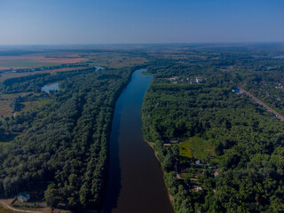 View of the Desna river and Chernigov city. Aerial drone view. Ukraine.
