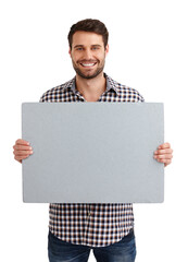 This is perfect. Studio portrait of a handsome young man holding a blank placard isolated on white.