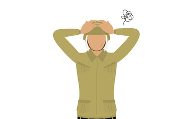 シニア女性兵士のポーズ、頭を抱えて悩む