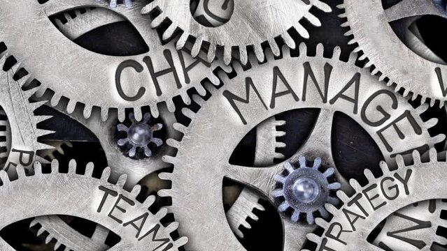 Group of rotating tooth wheels with Change Management, Idea, Vision, Plan, Teamwork and Strategy sign imprinted on metal surface. High quality 4k video.