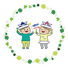 こどもの日を喜ぶこどもたちのイラスト、クローバーのサークルフレームあり
