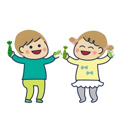 おやつをもらって喜ぶ子どもたちのイラスト