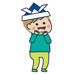 柏餅食べる男の子　右向き