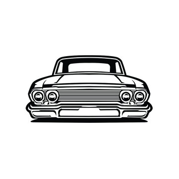 Monochrome vector classic car front view isolated on white background