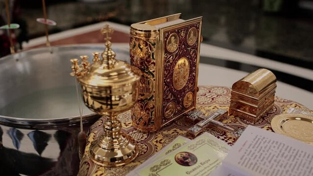table for the priest in the church with the bible
