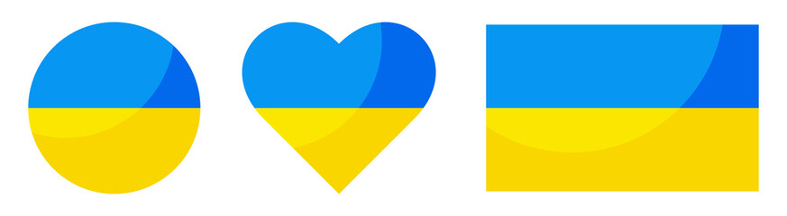 Ukrainian flag. Square, round and heart shaped. Ukrainian flag symbol. Blue and yellow illustration.