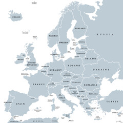 Europe, gray political map. Continent and part of Eurasia, located in the Northern Hemisphere, with about 50 sovereign states. Map with borders and English country names. Gray illustration over white. - obrazy, fototapety, plakaty