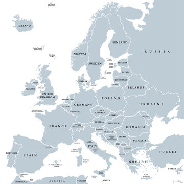 Europe, gray political map. Continent and part of Eurasia, located in the Northern Hemisphere, with about 50 sovereign states. Map with borders and English country names. Gray illustration over white.