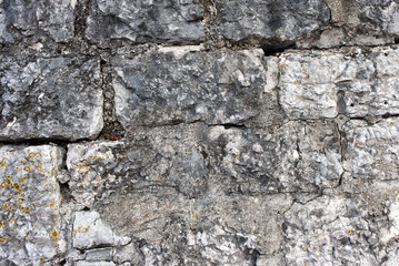 Texture wall made of big grey stones covered with moss.
