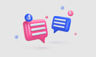 3d vector message icons pink and blue colors. Isolated cartoon mail sms with notifications objects on light background