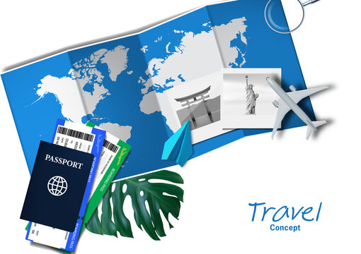 Travel And Tourism Banner Design Template . airplane and world landmarks of photo frames . passport . tickets . Monstera deliciosa . on white background