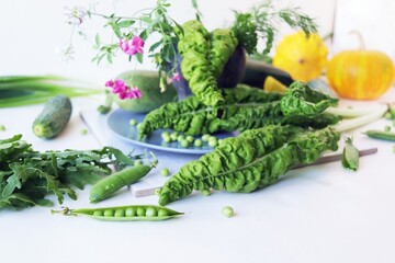 Fresh seasonal organic vegetables and herbs for cooking vegetarian lunch, healthy food concept