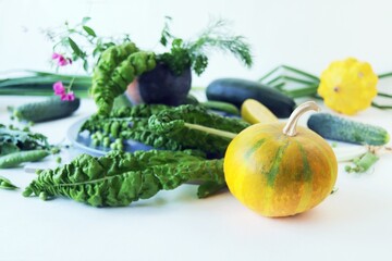 Fresh seasonal organic vegetables and herbs for cooking vegetarian lunch, healthy food concept