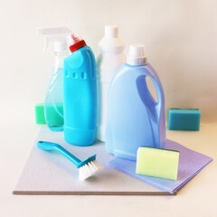 Liquid detergents in plastic bottles, home cleaning products on the table, light background, the concept of cleaning, order, cleanliness, home delivery