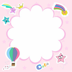 Girl vector frame for text. Banner square with a place for an inscription. Pink girly background with balloon, stars, crown
