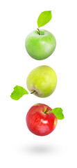 Colorful apples with leaves isolated on white background. Beautiful background with apples. organic products