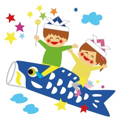 こいのぼりに跨って空を飛ぶ子どものイラスト、星