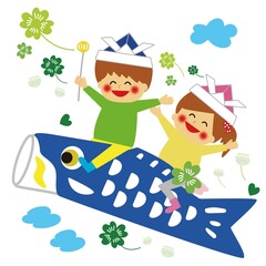 こいのぼりに跨って空を飛ぶ子どものイラスト、クローバー