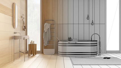 Architect interior designer concept: hand-drawn draft unfinished project that becomes real, bathroom, wooden walls and floor, bathtub, washbasin, towel rack, lamp, carpet and decors