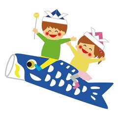 こいのぼりに跨って空を飛ぶ子どものイラスト